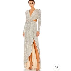 Mac Duggal SEQUINED CRISS CROSS LONG SLEEVE GOWN